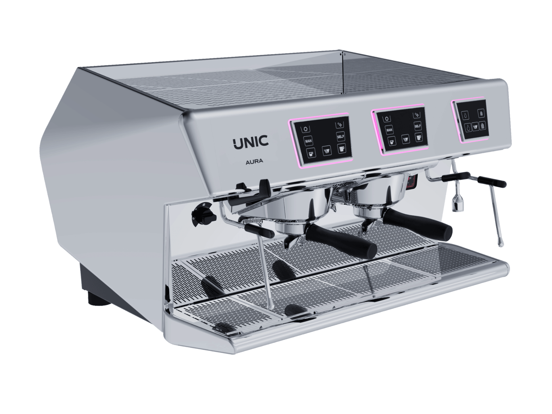 Aura 2 Groups Espresso Machine Dosamat Front Side