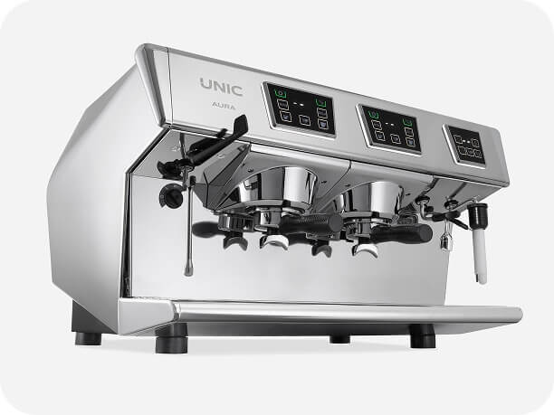 UNIC_Espresso_Machine_AURA_2Group_SteamAir_Low_Angle